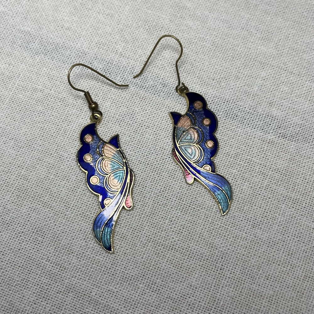 Vintage Gold Tone Butterfly Cloisonné Pierced Hook Earrings Black & Multicolor